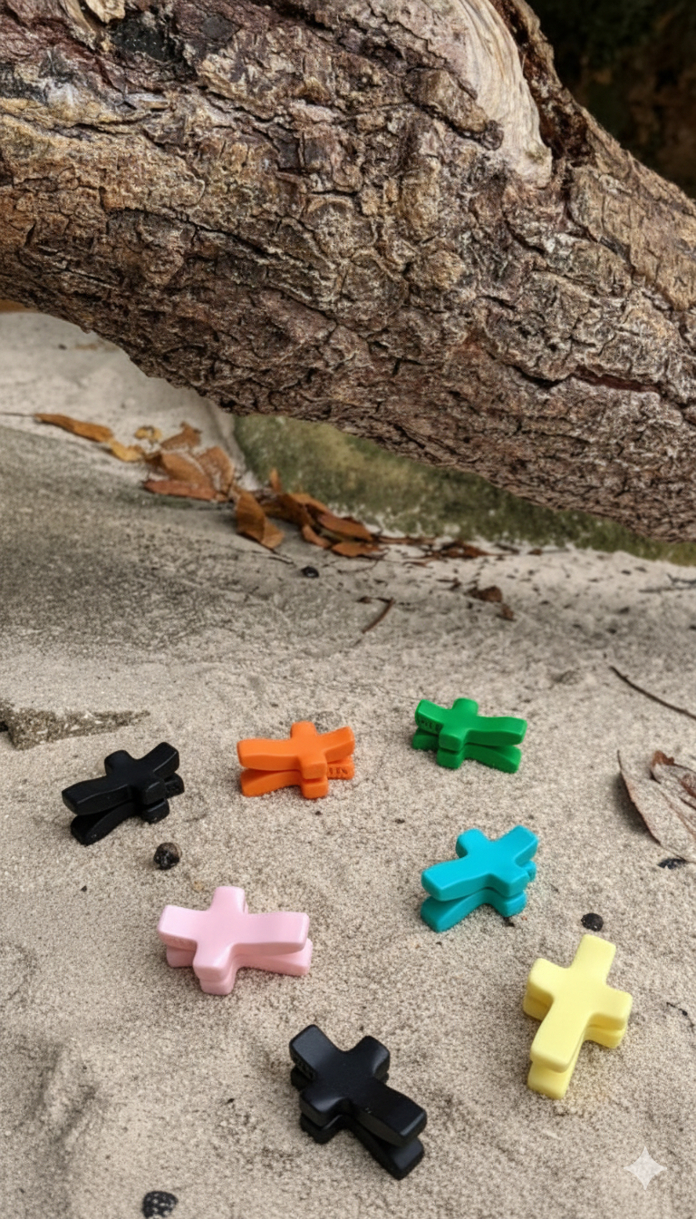 Cruces de dedo de colores sobre la arena junto a un tronco, foto real