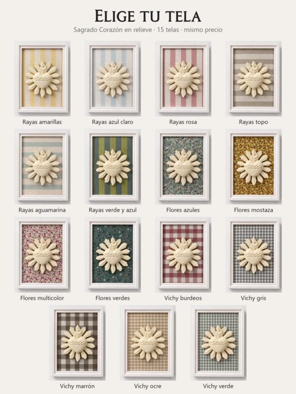 Las 15 telas del cuadro del Sagrado Corazón de Jesús en relieve: rayas, flores y vichy