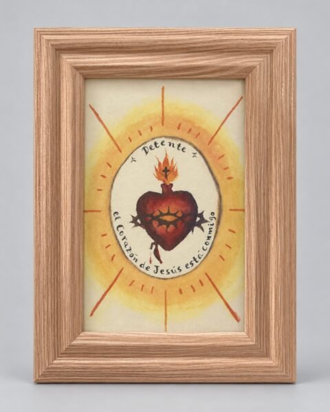 Detente del Sagrado Corazón de Jesús enmarcado, marco madera, ilustración de Sofía Brea con el lema «el Corazón de Jesús está conmigo»