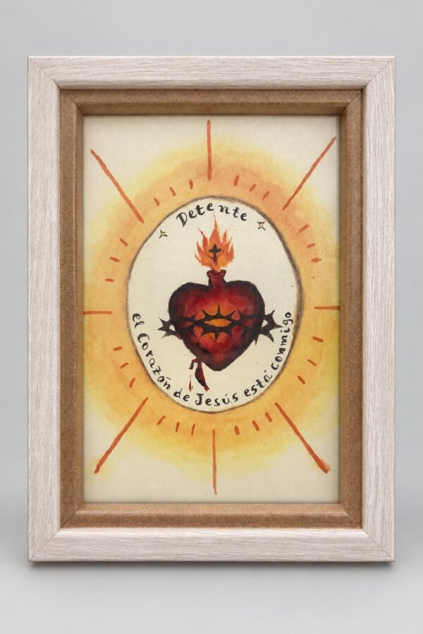 Detente del Sagrado Corazón de Jesús enmarcado, marco madera clara con interior de madera, ilustración de Sofía Brea con el lema «el Corazón de Jesús está conmigo»