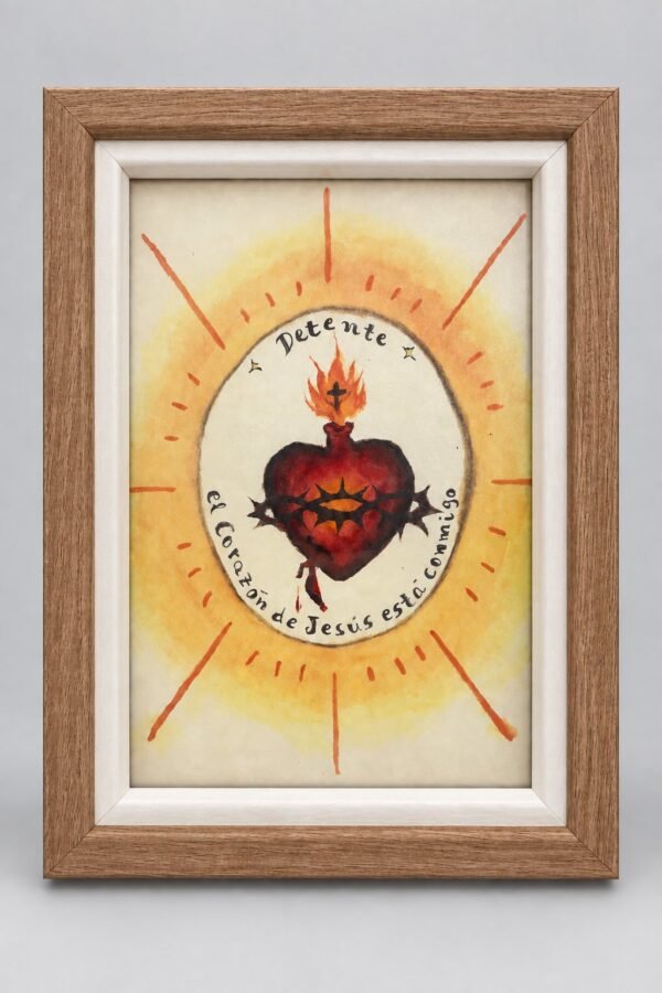 Detente del Sagrado Corazón de Jesús enmarcado, marco madera con interior claro, ilustración de Sofía Brea con el lema «el Corazón de Jesús está conmigo»