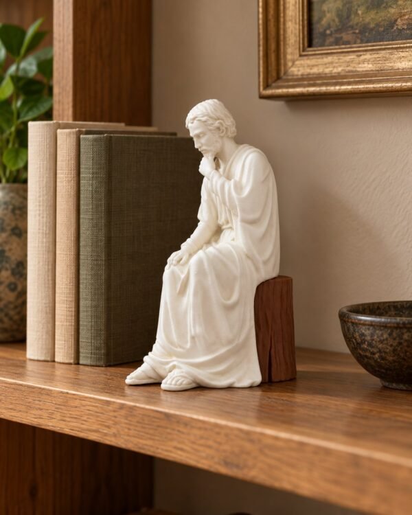 Figura de San José en una estantería junto a libros