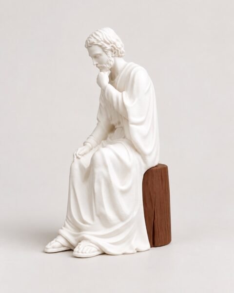 Figura blanca de San José sentado en el tocón de Jesé, con la mano en la barbilla