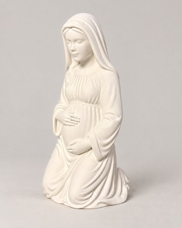 Virgen de la dulce espera vista de tres cuartos: Virgen embarazada de rodillas con velo y túnica