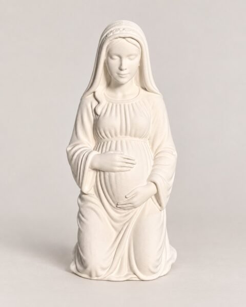 Figura de la Virgen de la dulce espera: María embarazada, de rodillas y con las manos sobre el vientre