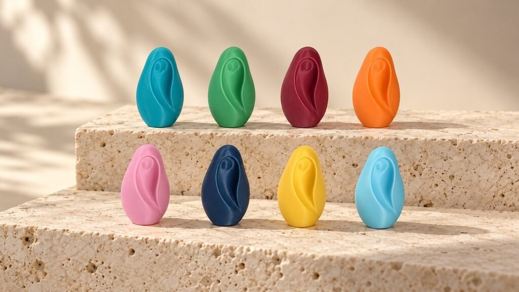 Ocho vírgenes de dedo de colores en dos filas sobre escalones de piedra: turquesa, verde, burdeos, naranja, rosa, azul marino, amarillo y celeste